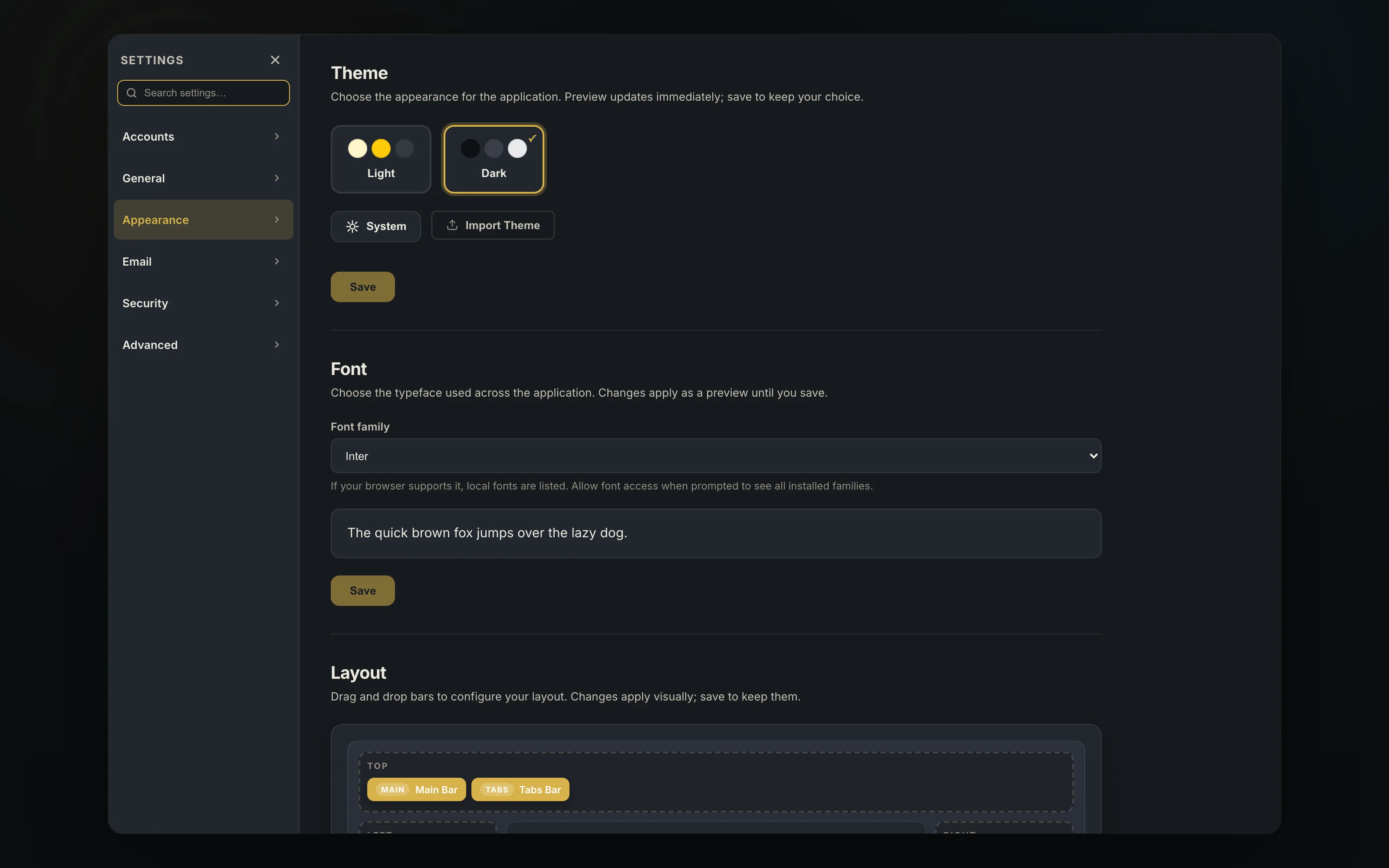 the appearance settings with light, dark and follow-system theme cards above a font picker