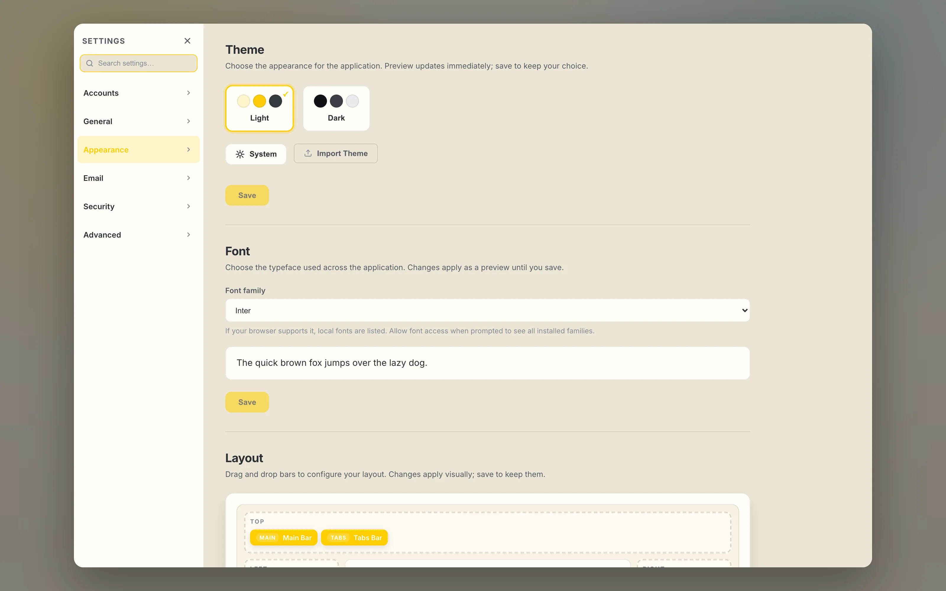 the appearance settings with light, dark and follow-system theme cards above a font picker