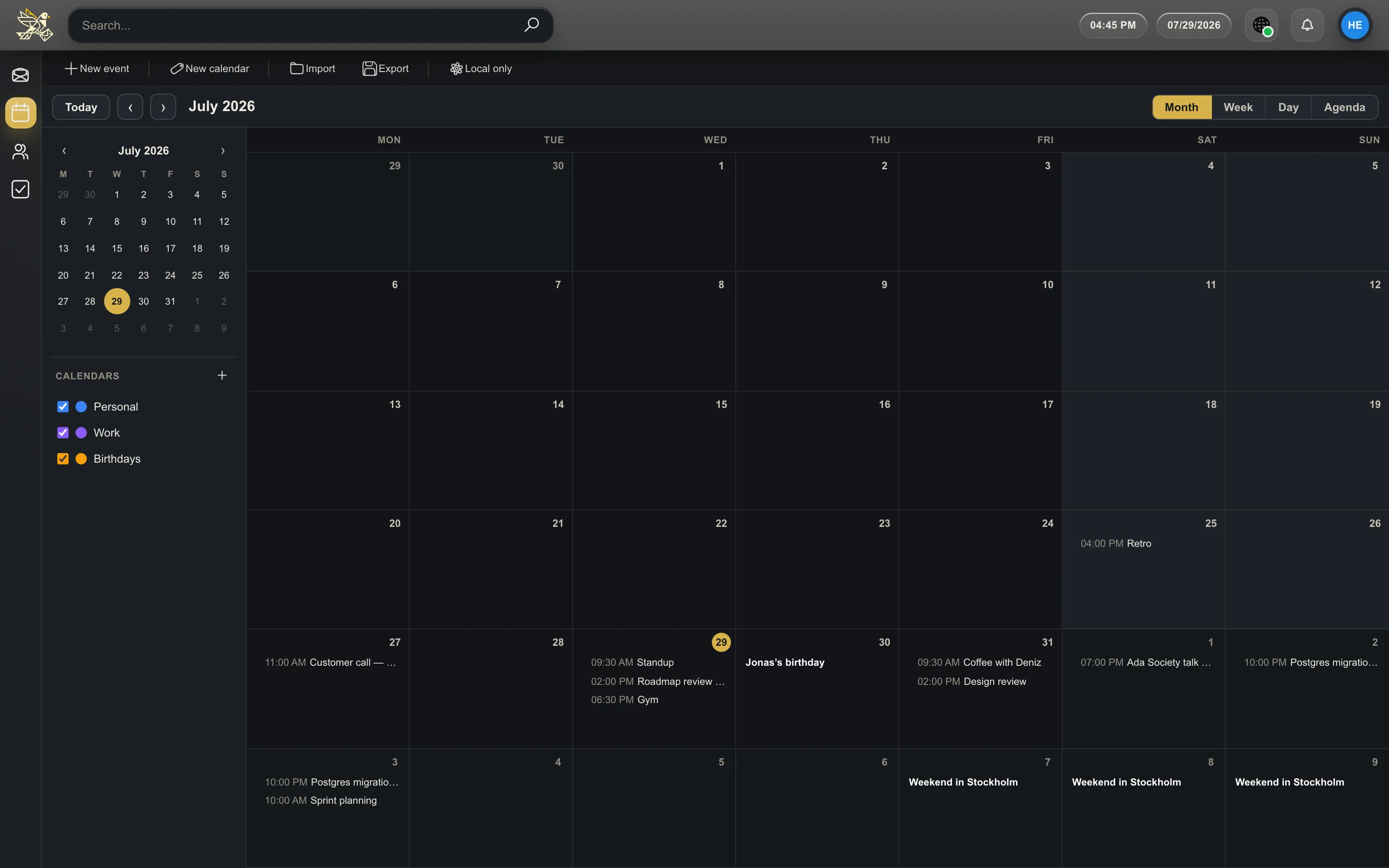 a month view of the built-in calendar with several coloured events