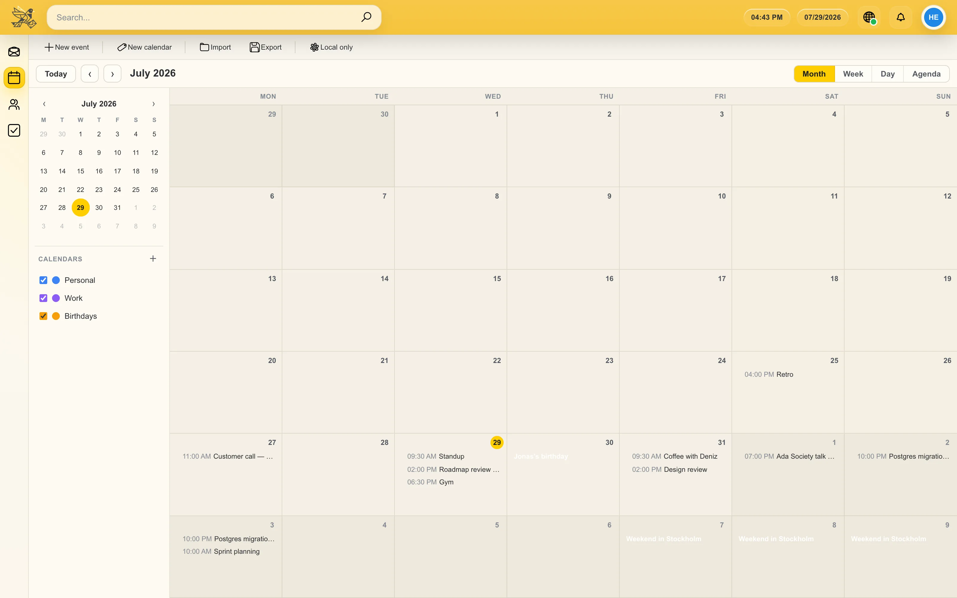 a month view of the built-in calendar with several coloured events