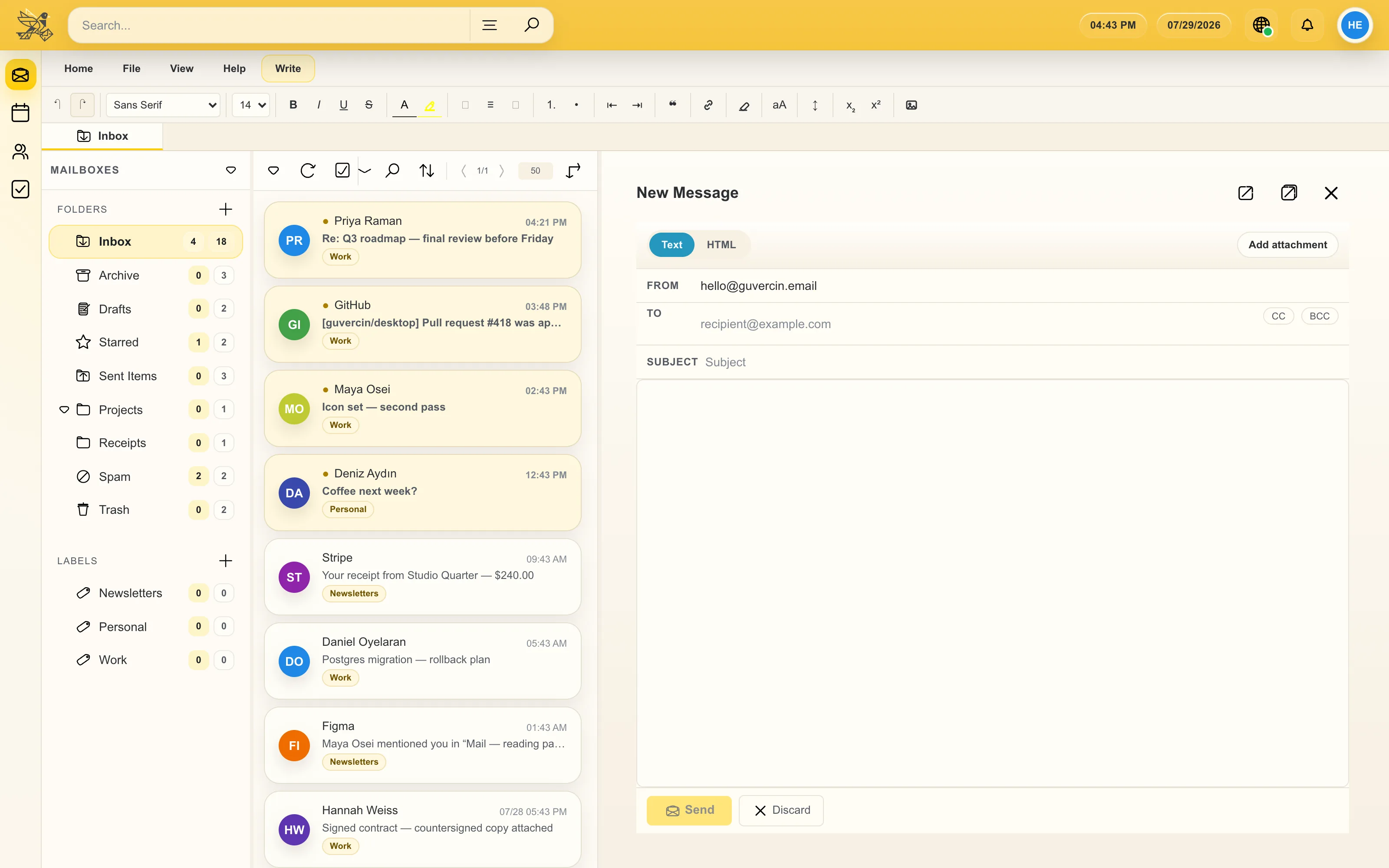 a popped-out compose window with a formatting ribbon, address fields and two attached files