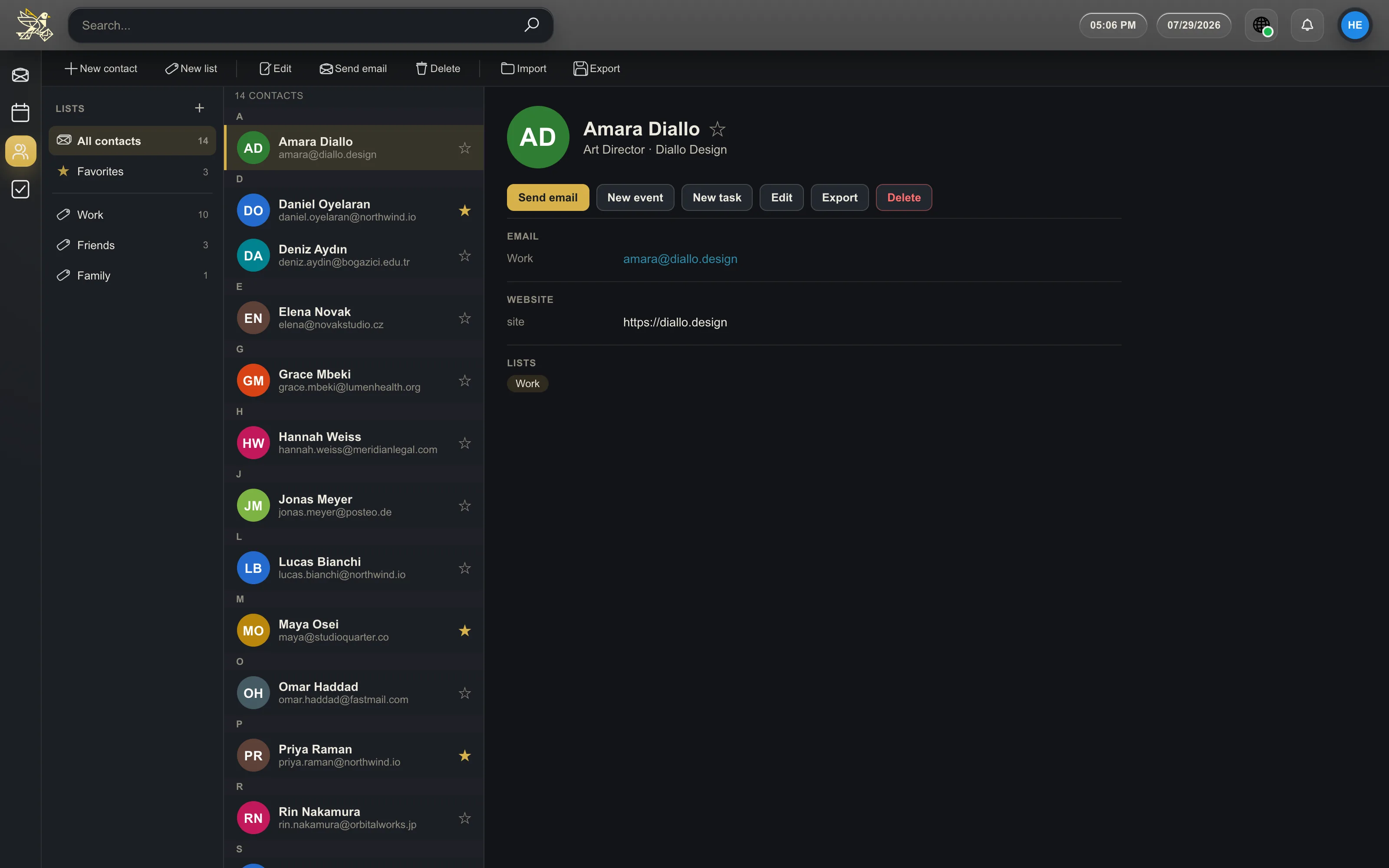 the contacts view with a searchable list and a contact detail panel