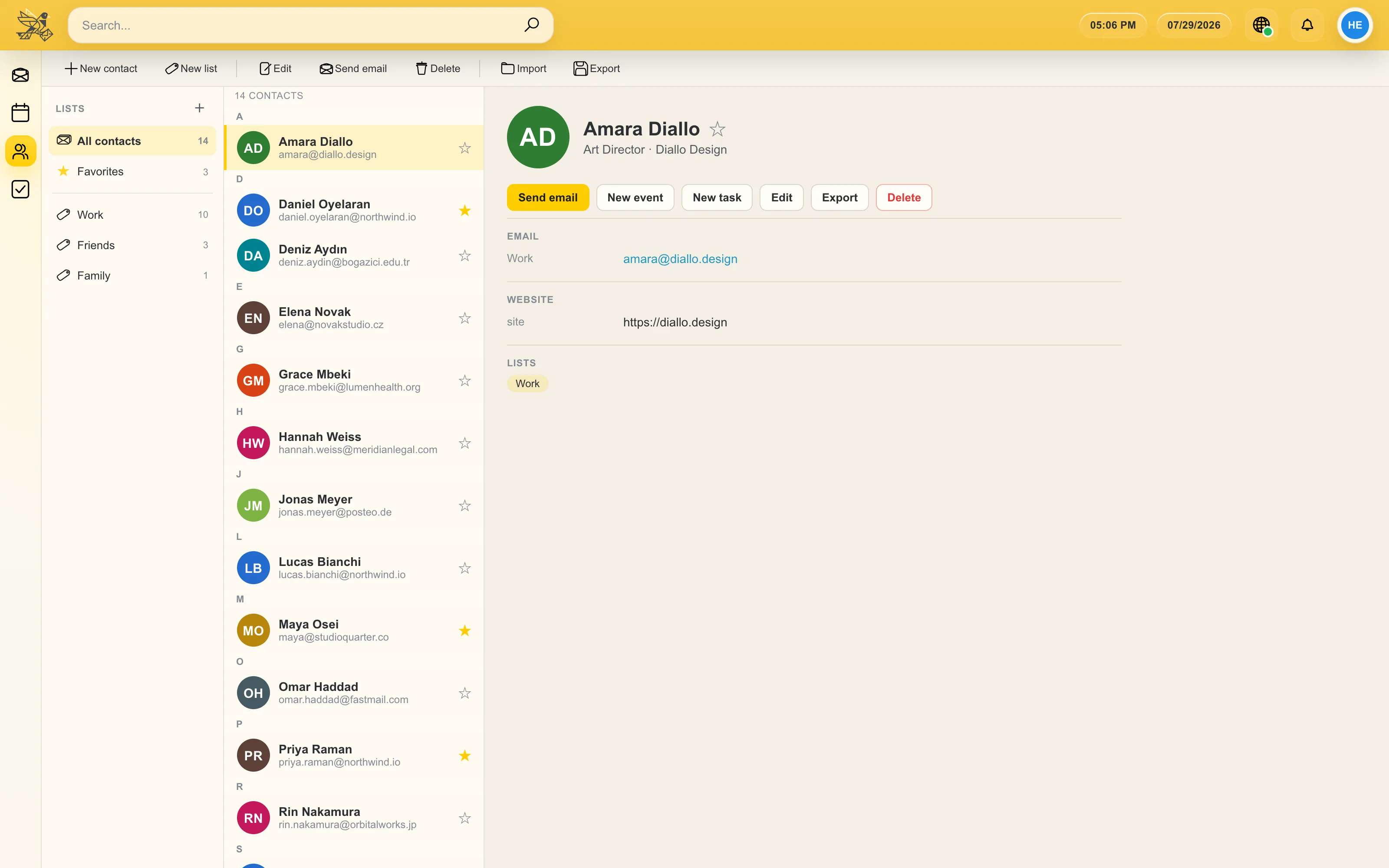 the contacts view with a searchable list and a contact detail panel