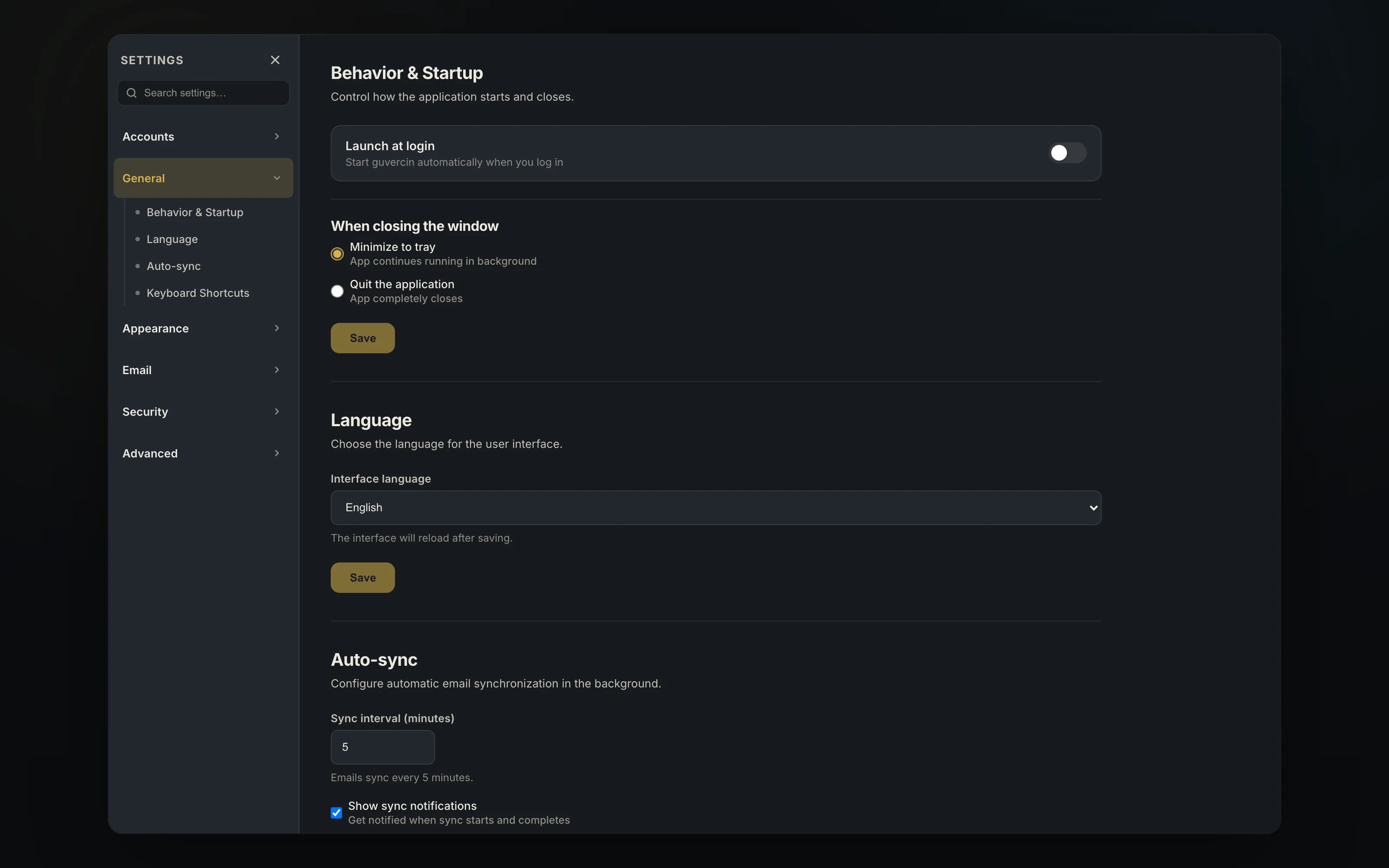 the shortcuts settings listing mail and navigation shortcuts with keycaps and toggles