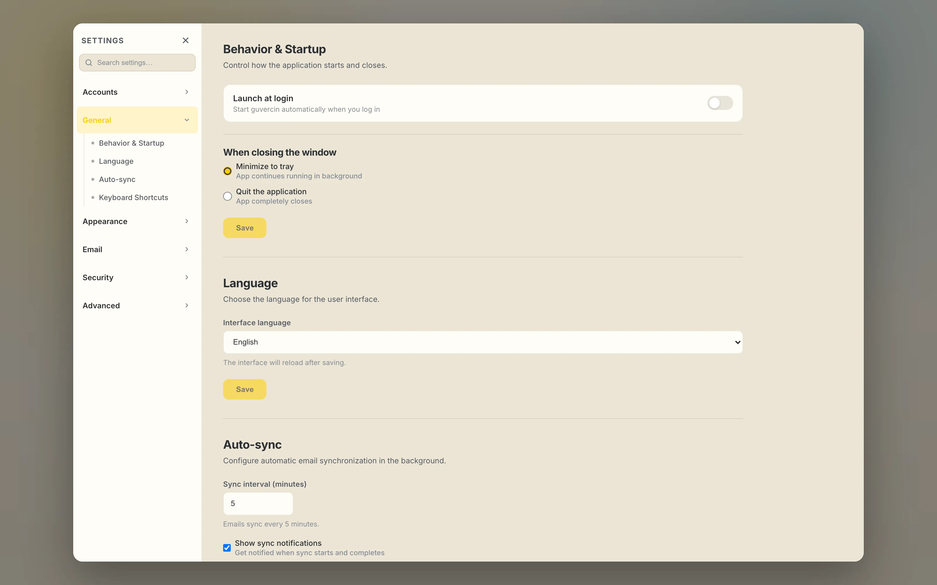 the shortcuts settings listing mail and navigation shortcuts with keycaps and toggles