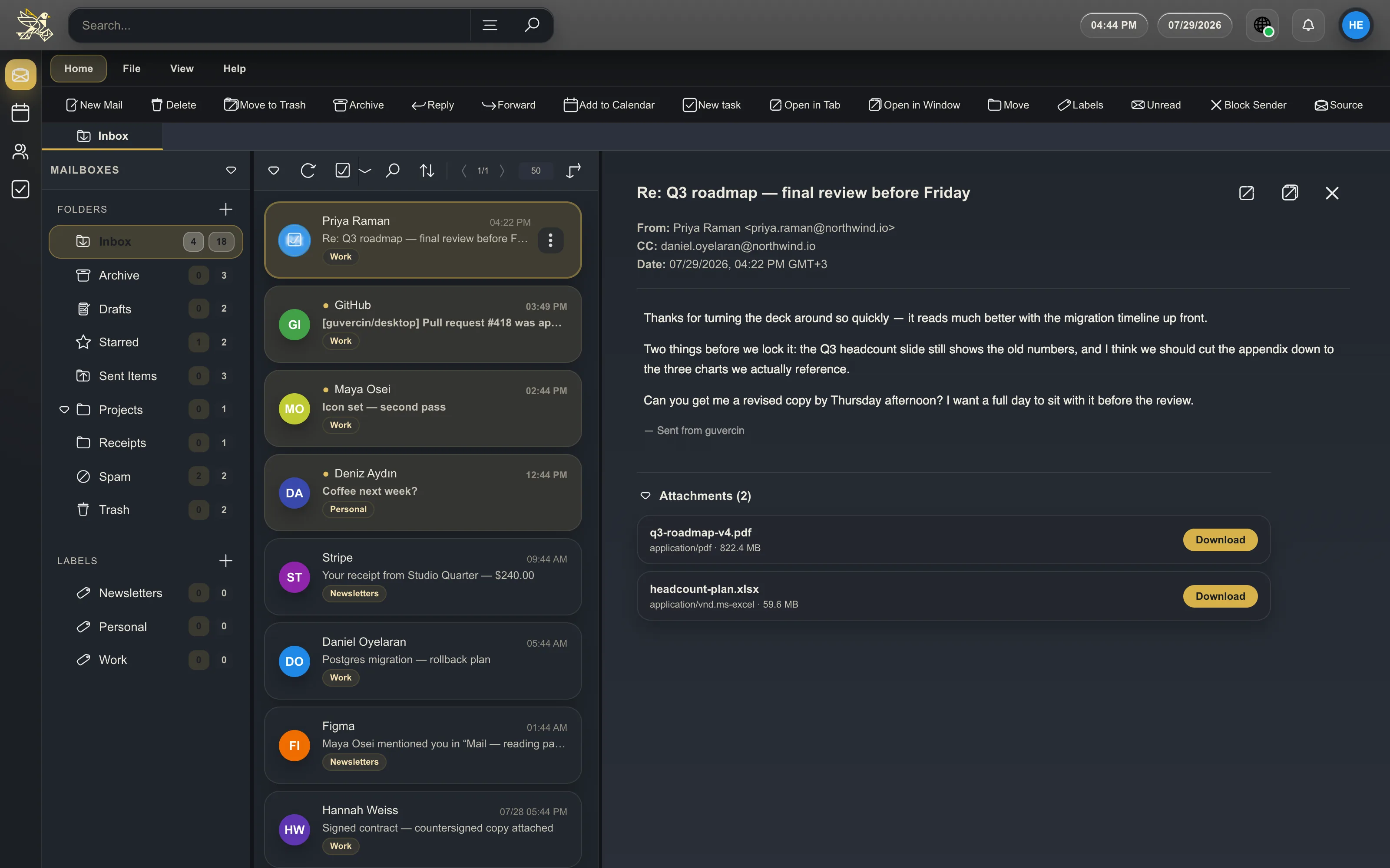 the mail view with the folder tree, message list and reading pane side by side