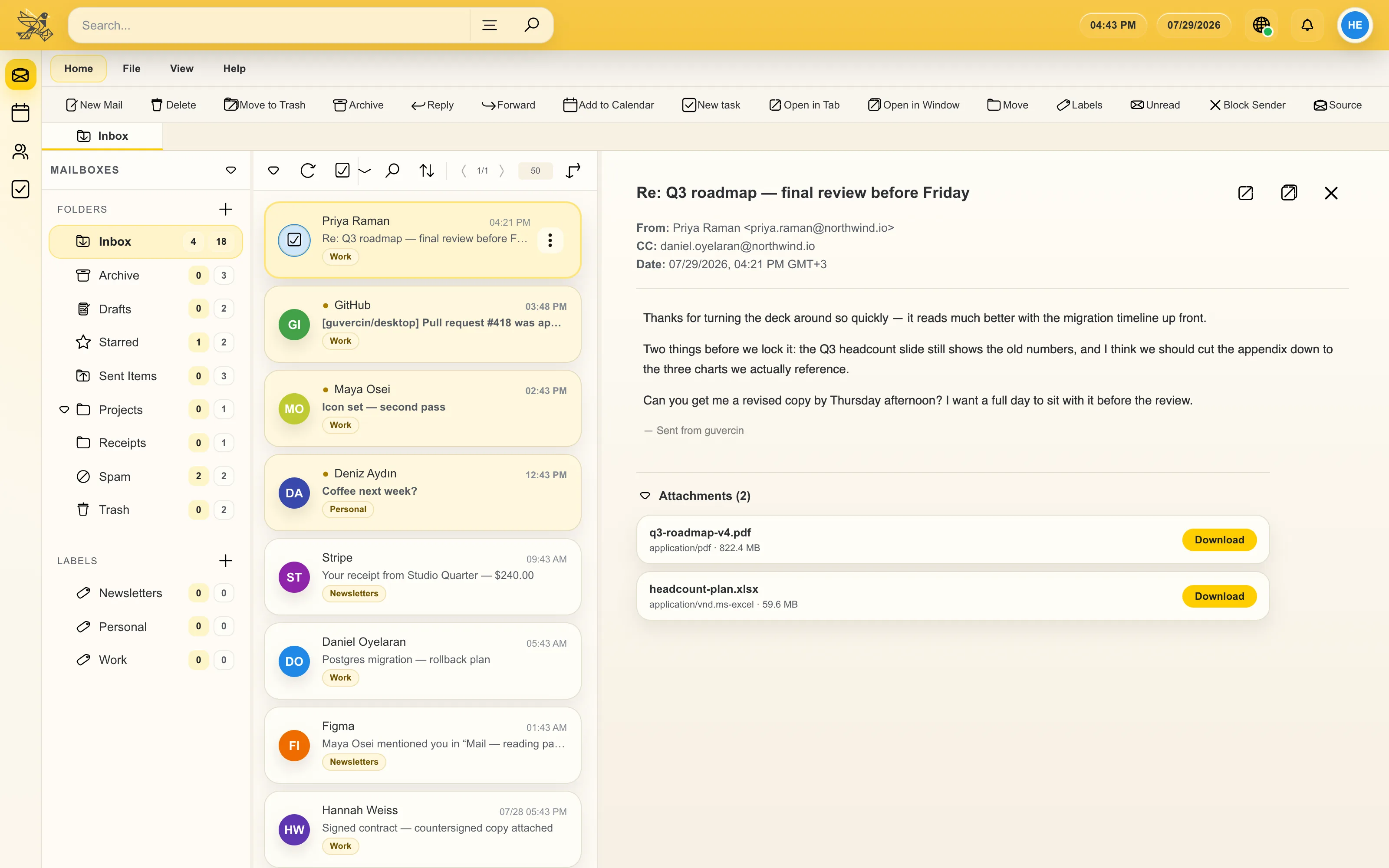 the mail view with the folder tree, message list and reading pane side by side