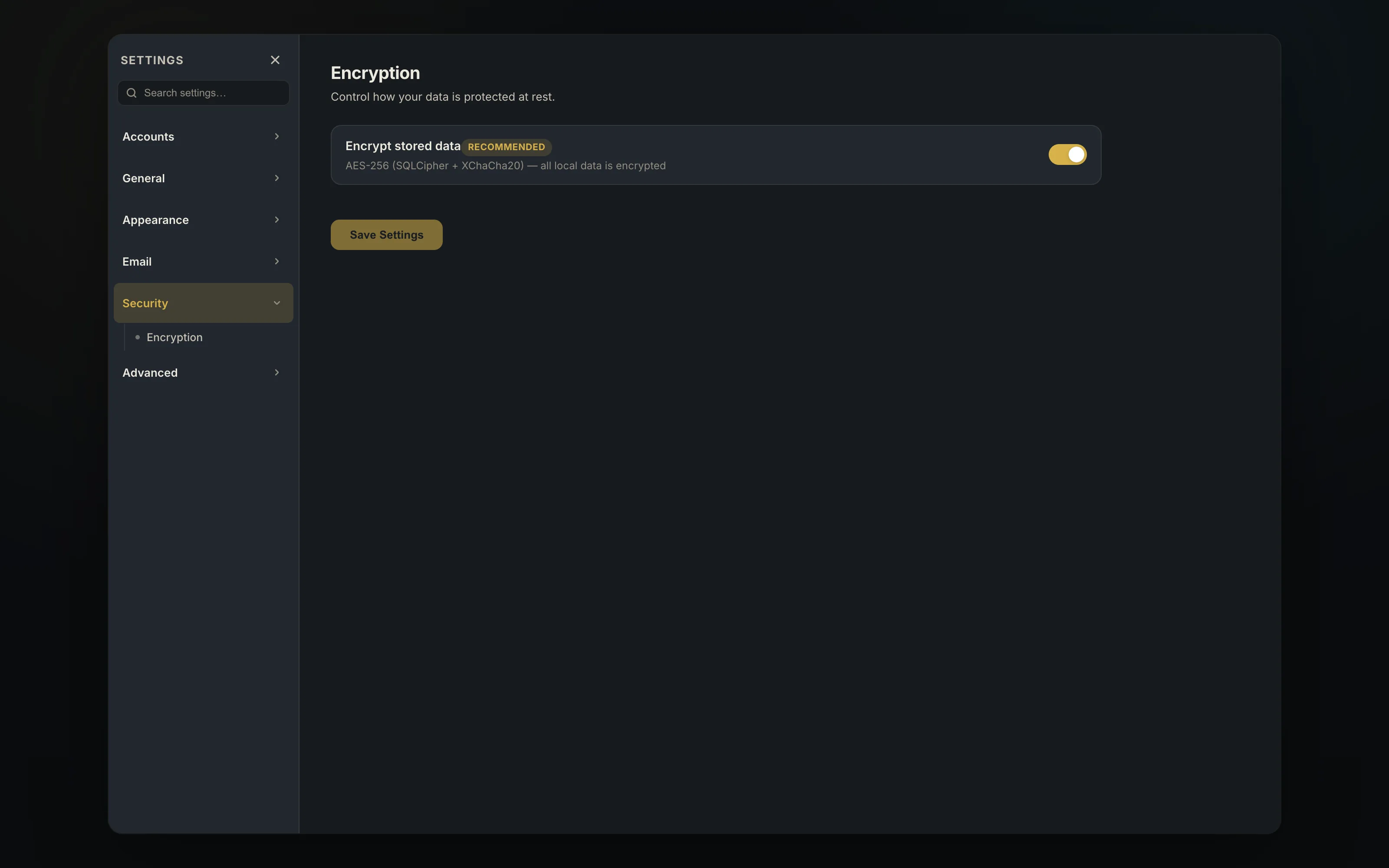 the encryption setting, with stored data encrypted using AES-256 through SQLCipher and XChaCha20, switched on