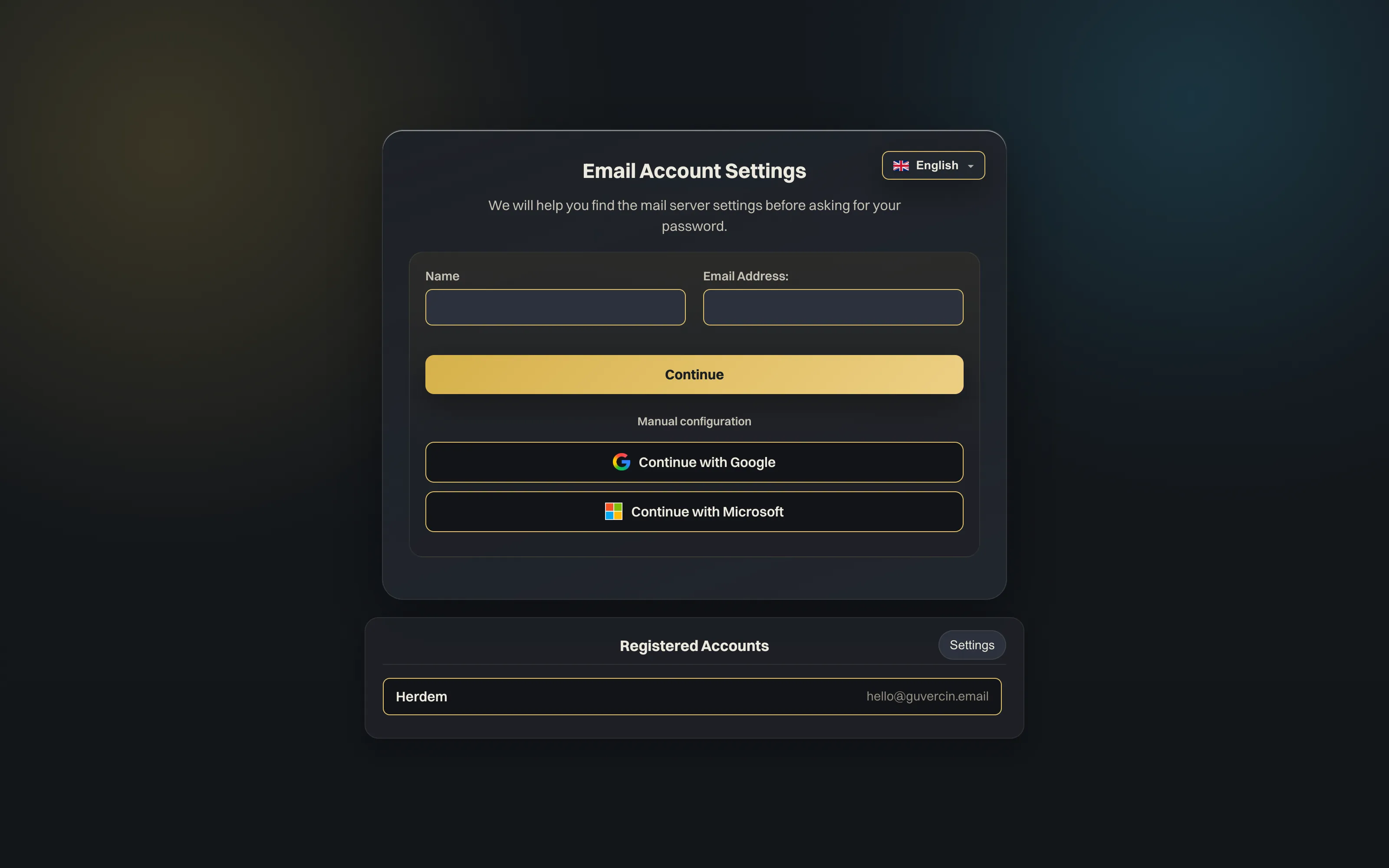 the add-an-account dialog offering Google sign-in above a manual email and password form