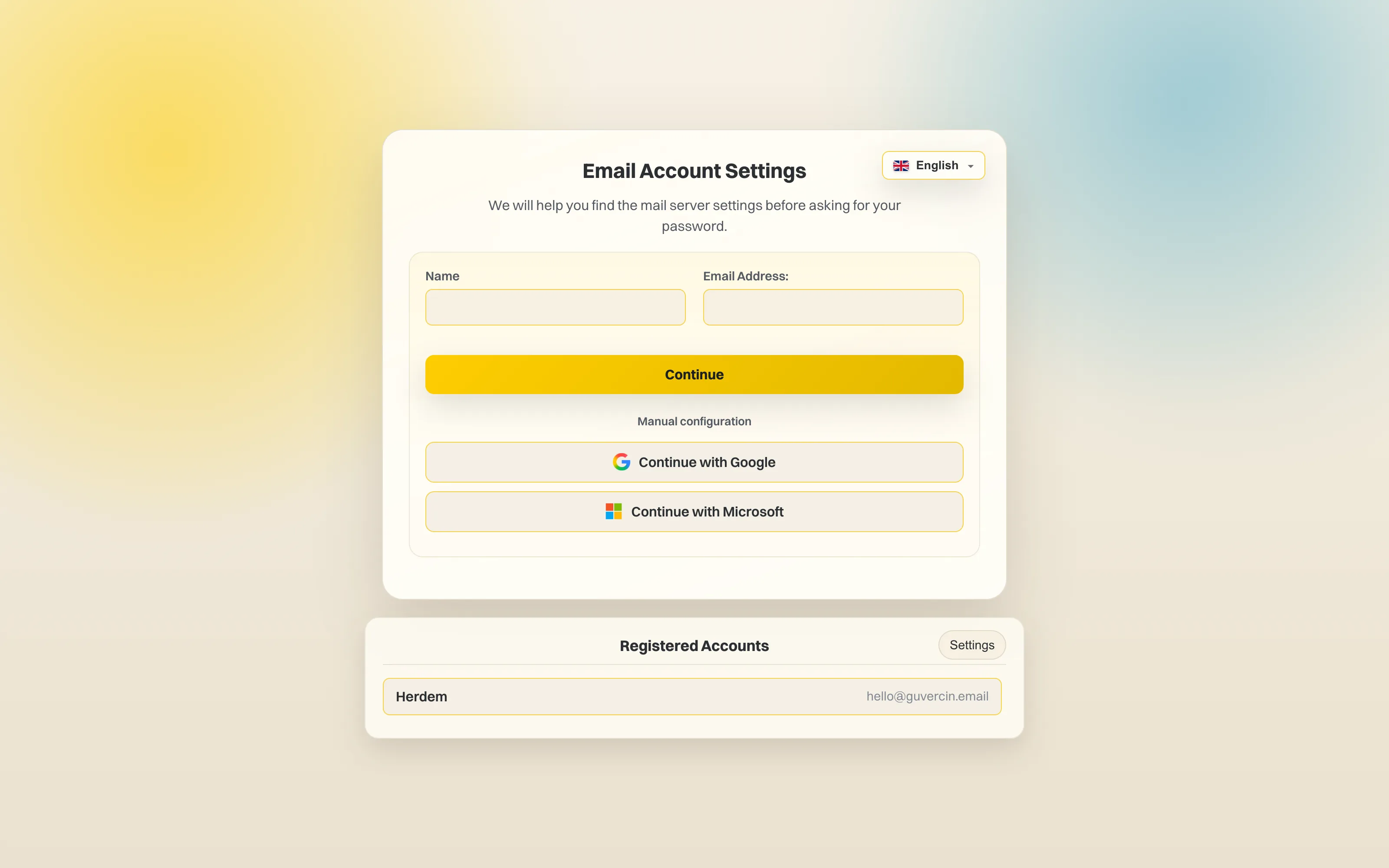 the add-an-account dialog offering Google sign-in above a manual email and password form